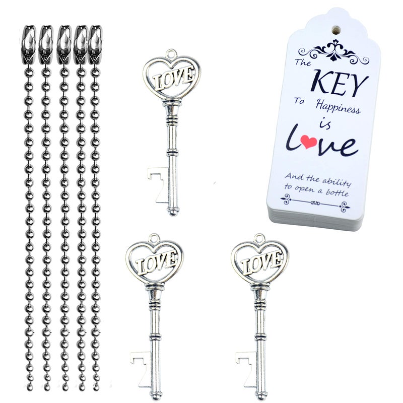 Makhry 52pcs Vintage Skeleton Key Bottle Opener with Love Heart Escort Tags and Keychain as Wedding Favor for Wedding Decor (Antique Silver) - Image 2
